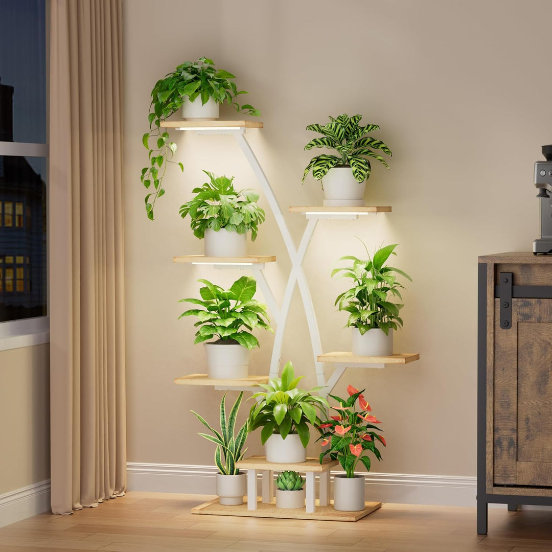 Pflanzenständer mit Wachstumslicht - 7 Ebenen Blumenständer 105cm Metall Holz Pflanzenregal - Innen