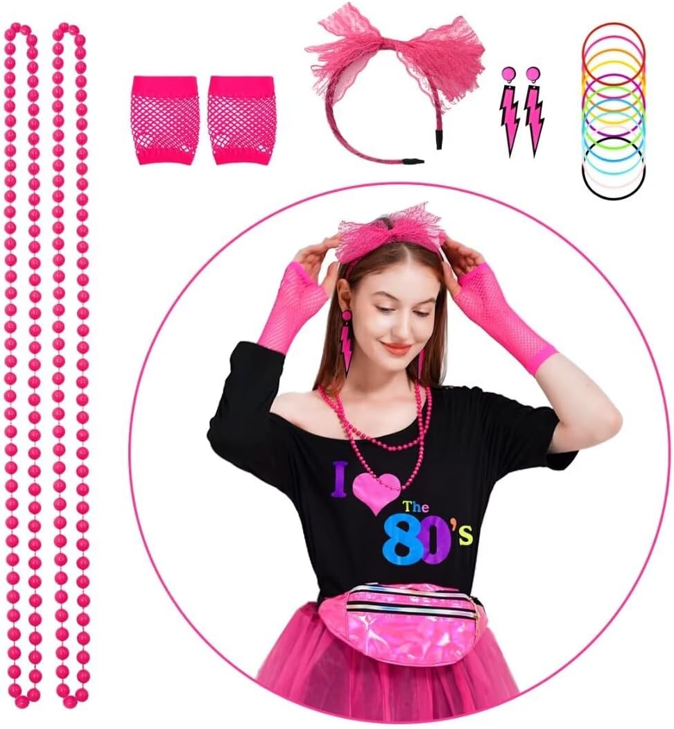 80er Jahre Outfit Damen Set, T-Shirt, Tutu, Gürteltasche, Stirnband, Ohrring, Halskette, Netzhandsch
