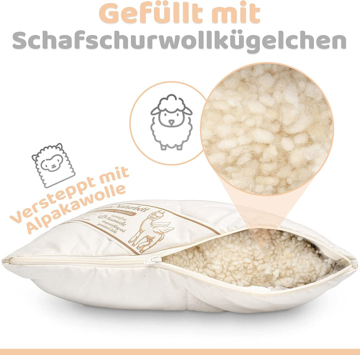 Engelshof Alpaka Kopfkissen 80x80cm mit Schurwollkügelchen gefüllt - Alpakakissen versteppt mit 100%