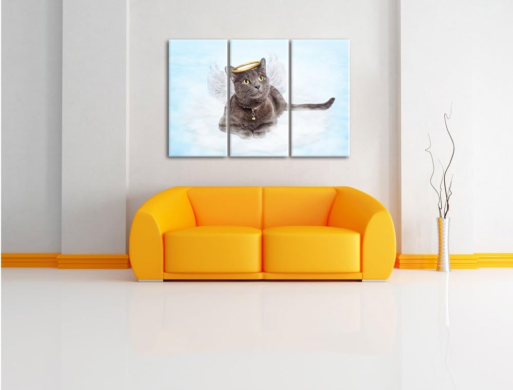 Pixxprint Katzen-Engel auf Wolke / 3-Teilig/Gesamtmass 120cm Leinwandbild bespannt auf Holzrahmen/Wa