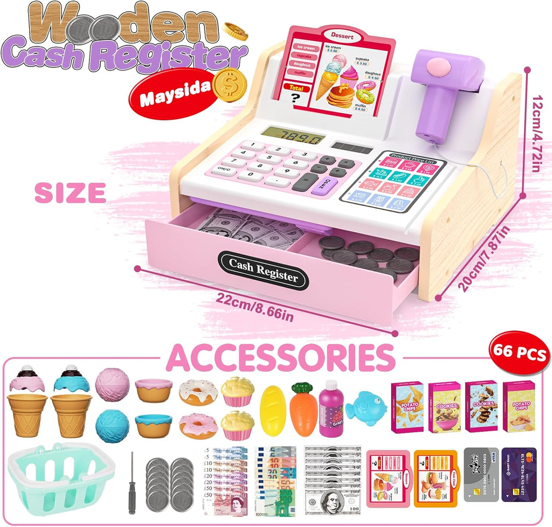 maysida Kinderkasse Holz-Registrierkasse mit Scanner & Sound für Kinder 3-5 Jahre, Spielzeug Kasse m