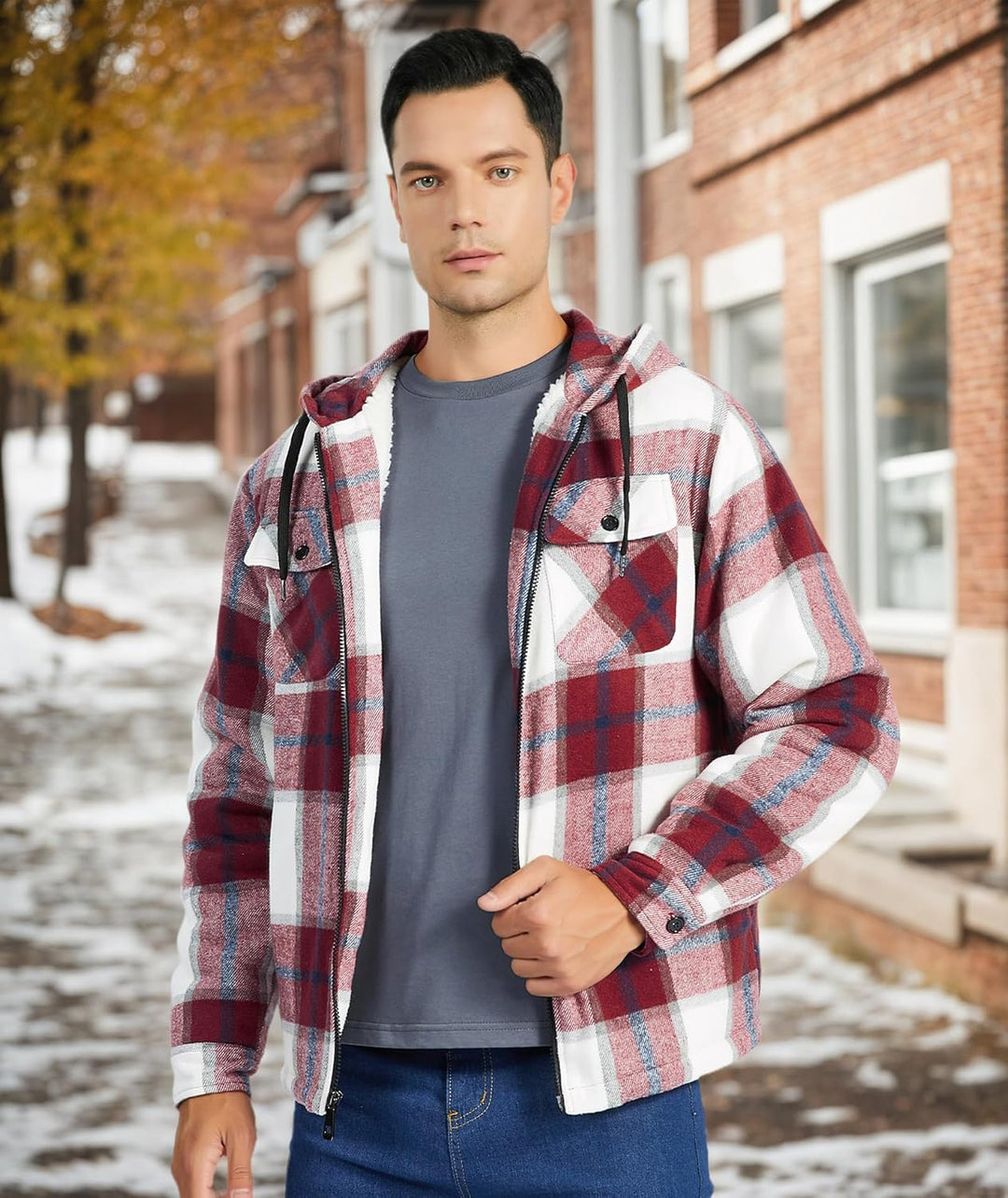 JACKETOWN Hemdjacke Kariertes Herren hoodies Flanelljacke Warm Thermohemd Herren Holzfäller Jacke Ve