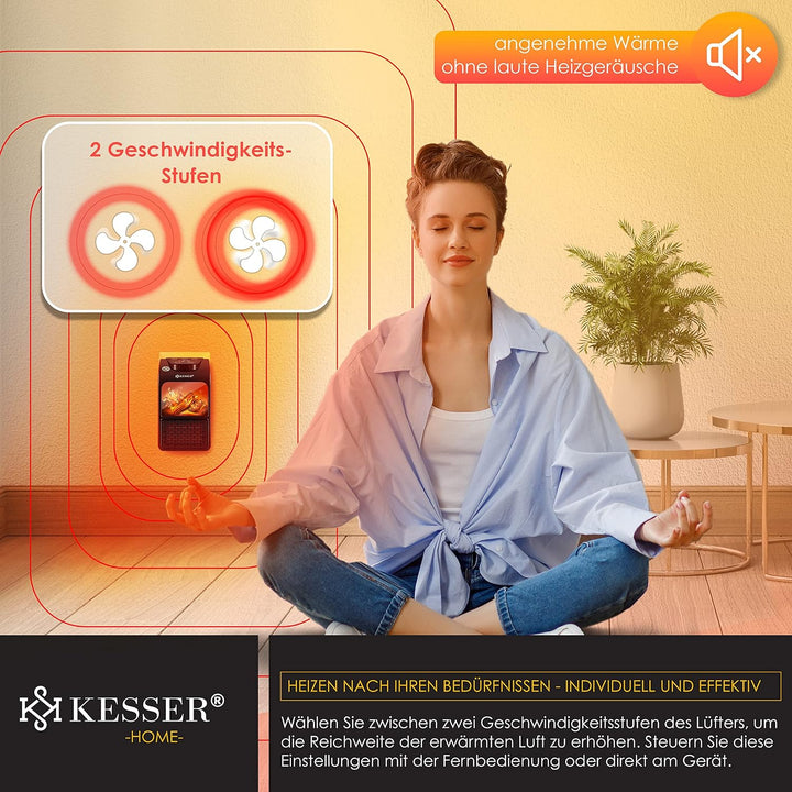 KESSER® Steckdosen Heizlüfter Energiesparend Mini mit Kaminfeuereffekt Fernbedienung LCD Display Ker