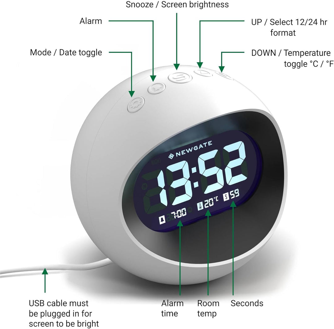 NEWGATE® Digital Centre of The Earth Wecker (weiss mit schwarzem LCD-Display) White With Black Lcd D