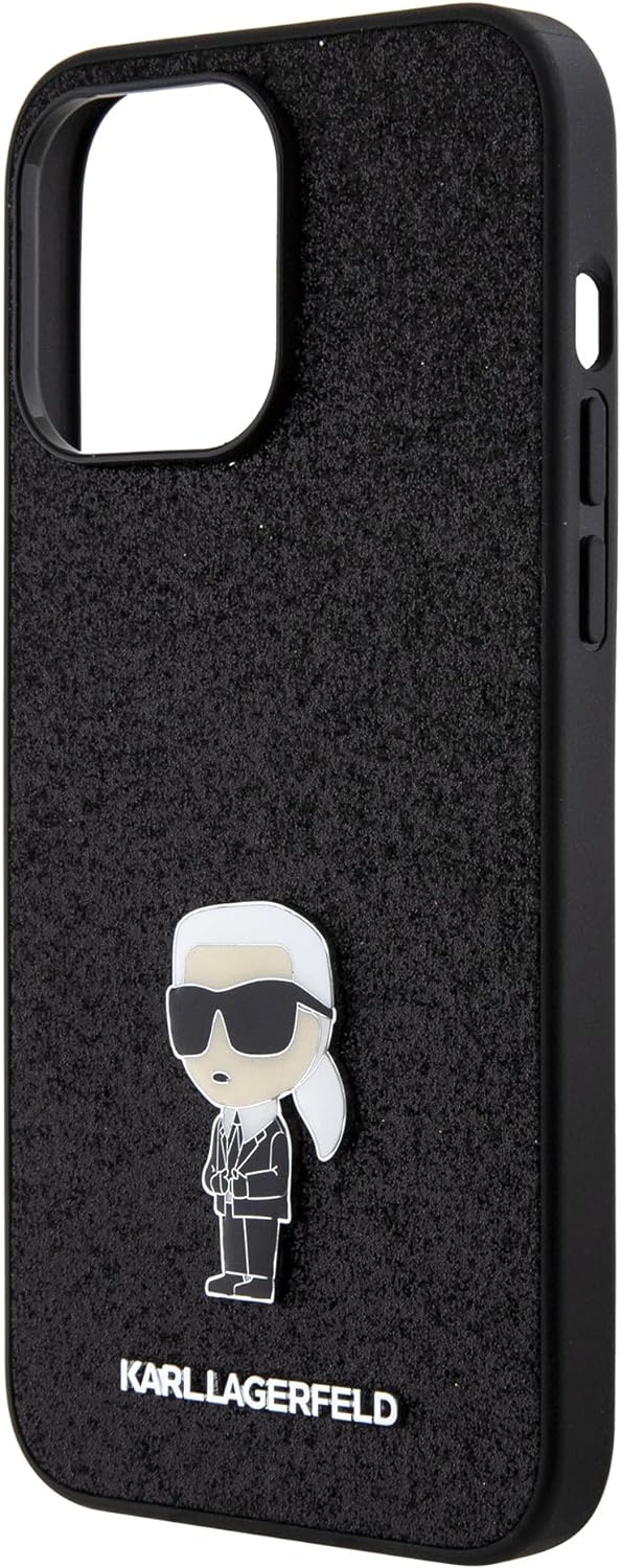 CG Mobile Karl Lagerfeld Fixed Glitter Case with Ikonik Logo Metal Pin for iPhone 15 Pro -Bla Schwar