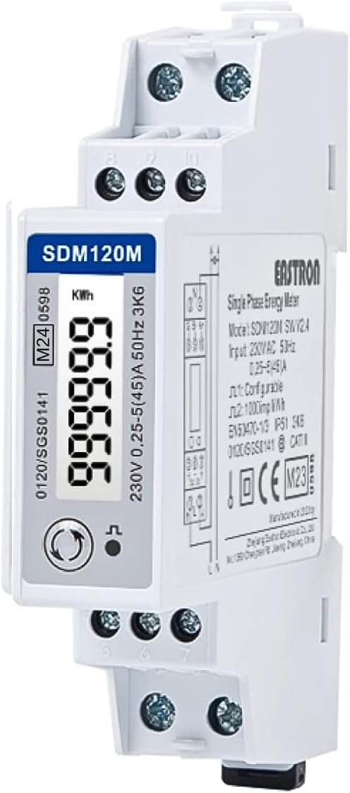 EASTRON SDM120 Stromverbrauchsmesser - einphasig - Modbus RS485 RTU - Stromzähler Hutschiene, 45A kW