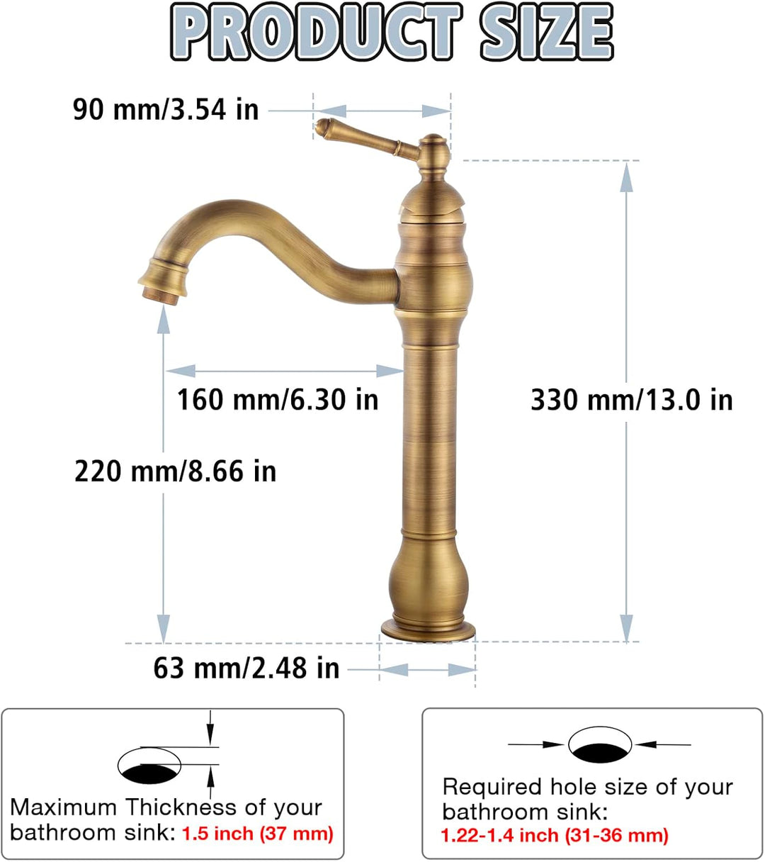 ROWINNAO Wasserhahn Bad Hoch Antikes Messing, Retro Gold Waschtischarmatur Hoch, 360° Schwenkbar Ein