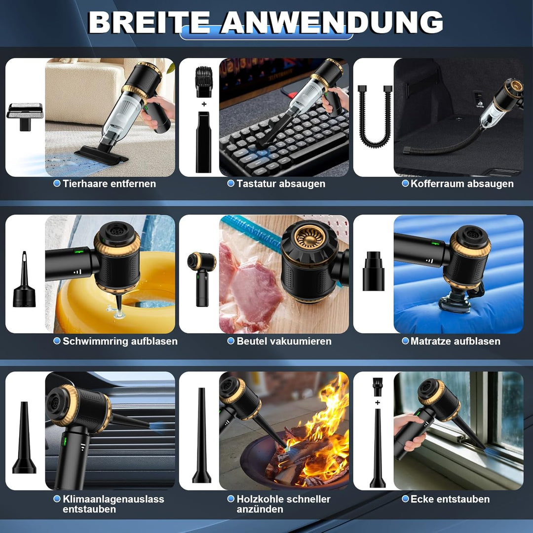 Handstaubsauger Akku 4-in-1, 25000PA Auto Staubsauger Stark, 3-Gang Handstaubsauger kabellos mit Bür