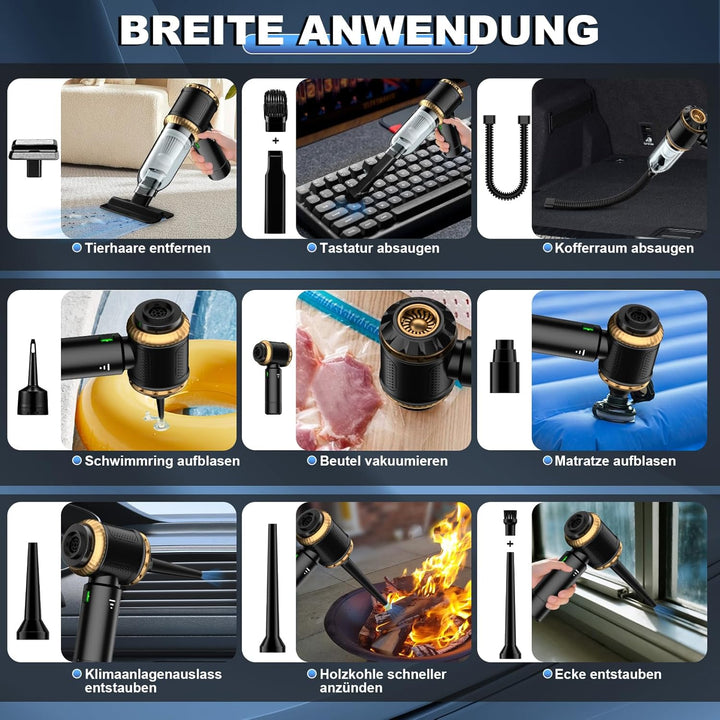 Handstaubsauger Akku 4-in-1, 25000PA Auto Staubsauger Stark, 3-Gang Handstaubsauger kabellos mit Bür