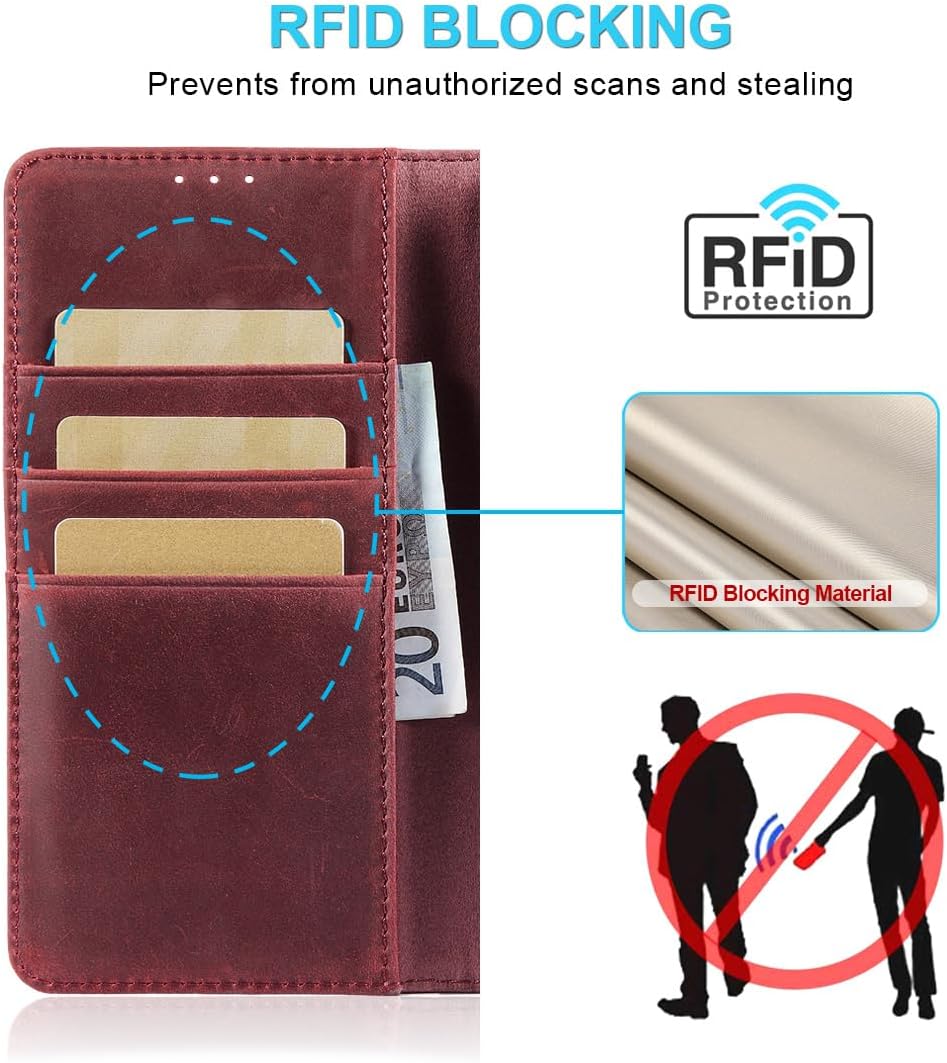 LENSUN Echtleder Hülle für Samsung Galaxy S21 FE, Handyhülle [Premium Echtes Leder][Kartenfach][RFID