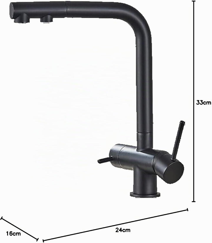 Felix | 3 Wege Premium Schwarz matt ausziehbare Armatur | Edelstahl Osmose Wasserhahn Küche |Mischba