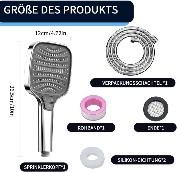Duschkopf mit Schlauch 1.5m – Duschbrause mit 8 Strahlarten & Stoppfunktion –Duschköpfe Regendusche