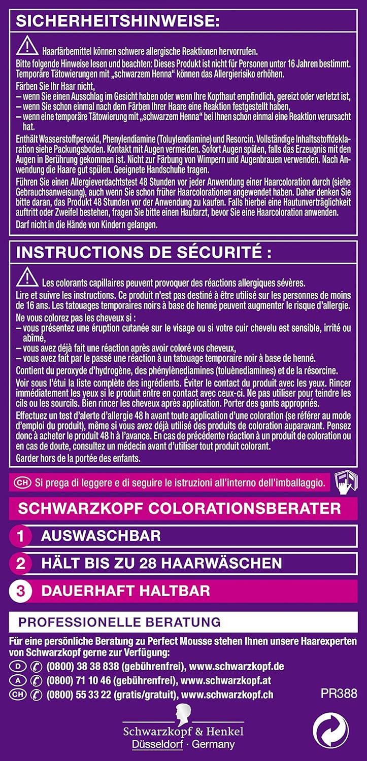 Schwarzkopf Perfect Mousse Permanente Schaumcoloration, 388 Dunkles Rotbraun Stufe 3, 3er Pack (3 x