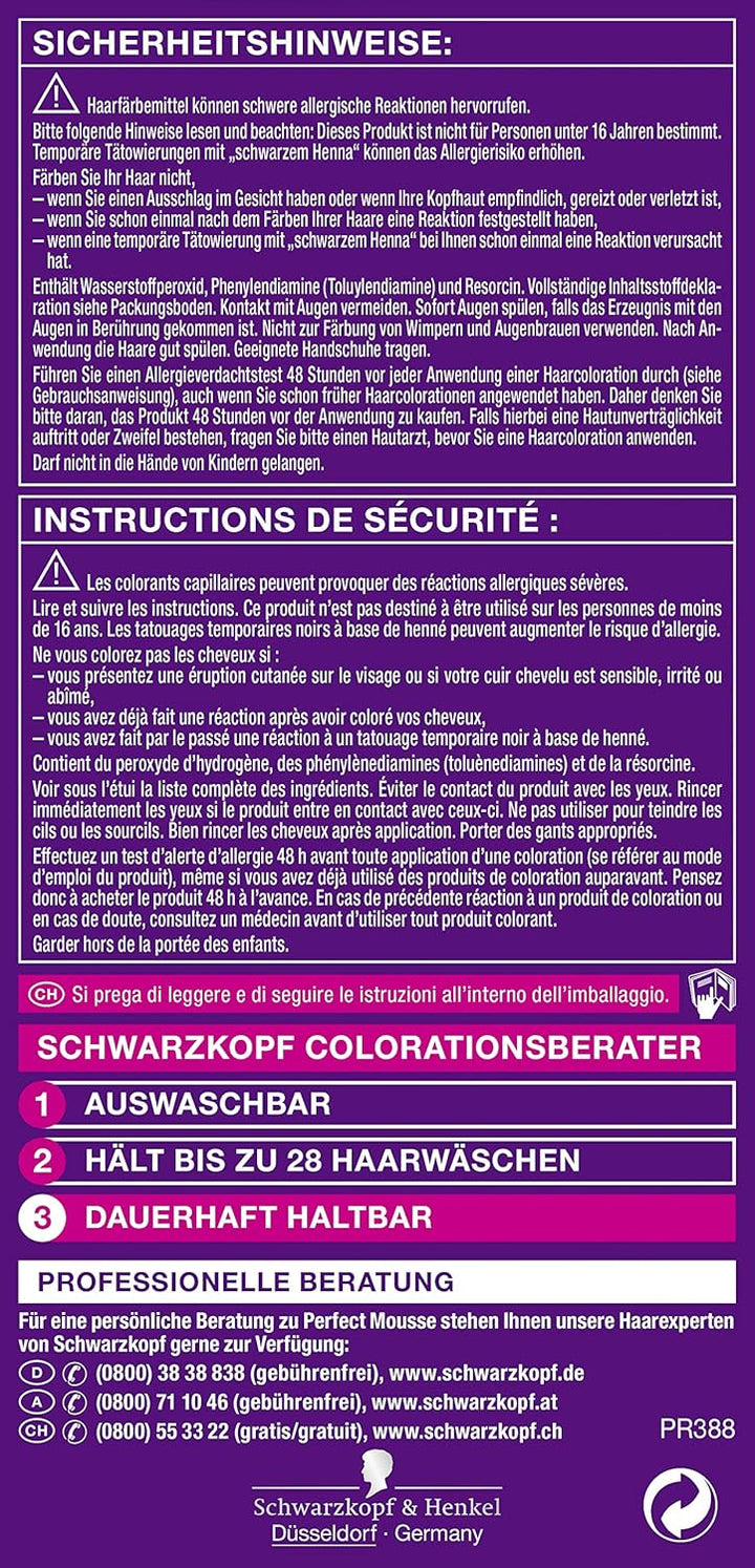 Schwarzkopf Perfect Mousse Permanente Schaumcoloration, 388 Dunkles Rotbraun Stufe 3, 3er Pack (3 x