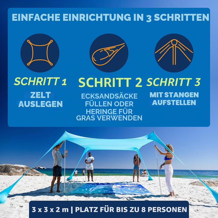 SUN NINJA Strandzelt, Sonnensegel LSF 50+, mit Sandschaufel, Heringen und Stabilitätsstangen, Schatt