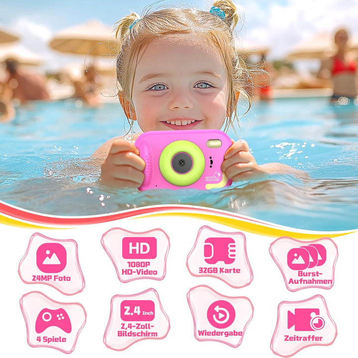Kinderkamera, 1080P Unterwasserkamera Kinder mit 2,4 Zoll Bildschirm, 32GB-Karte, Notfall-LED-Blitz,
