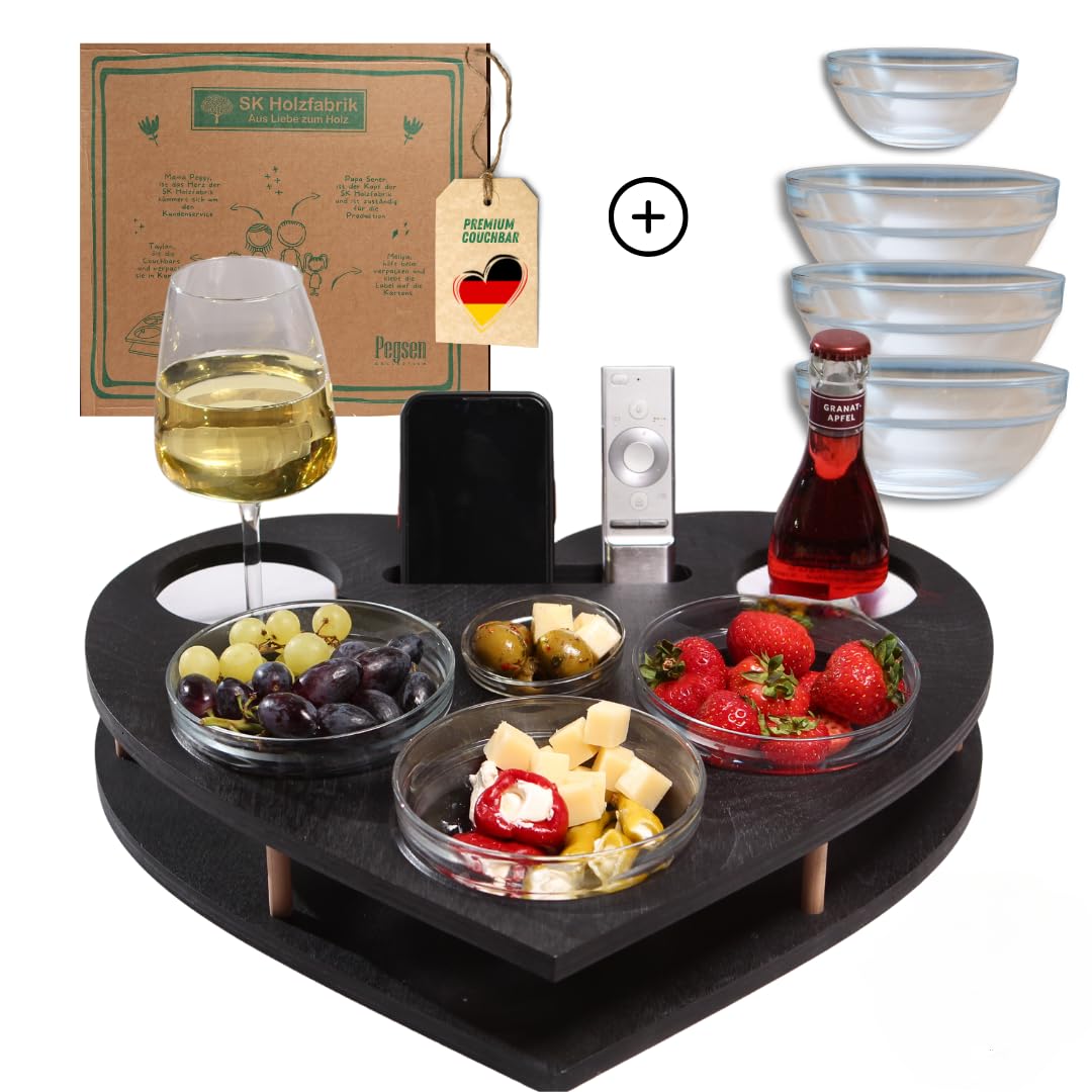 Herz Couchbar in Schwarz mit 4 Glasschalen - Sofatablett für Snacks & Getränke [stabil & sicher] Sna