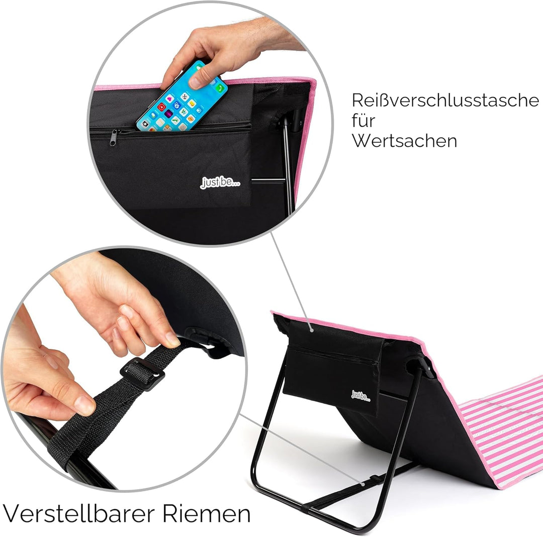 just be... Strandmatte mit Rückenlehne klappbar – leichte, gepolsterte Strandliege faltbar mit Reiss