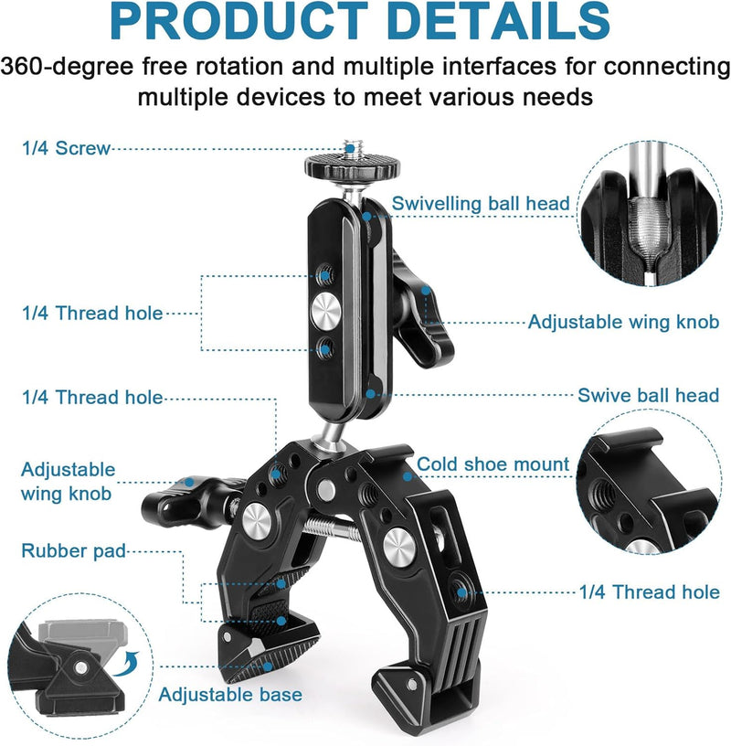 ChromLives Super Clamp mit 360° Kugelkopfarm,Super Klemme mit Cold Shoe，1/4" Gewinde，Action Kamera A