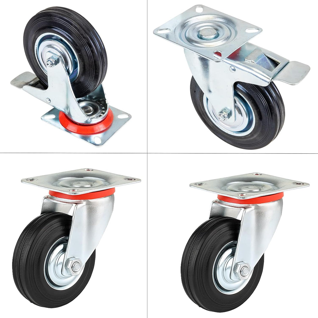 Schwerlastrollen 75mm mit Bremse, 4 Stück Transportrollen Lenkrollen bis 200kg, Gummi Möbelrollen 36