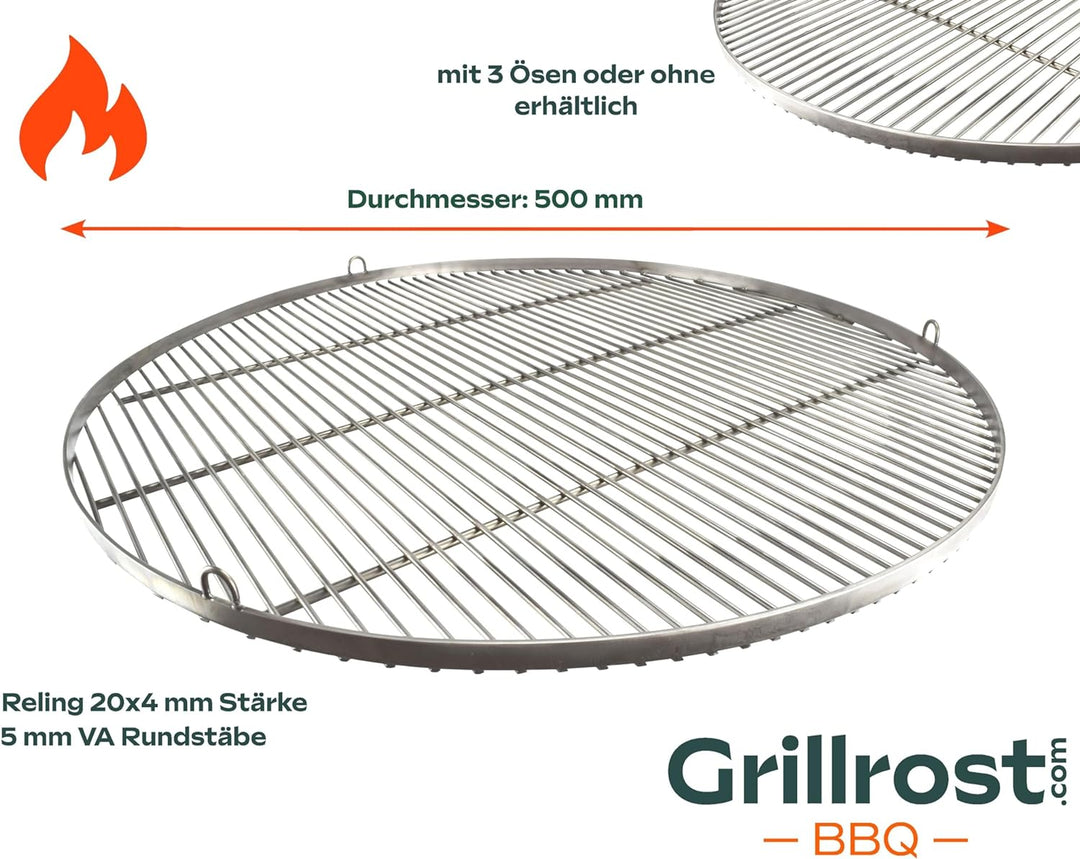 Grillrost RUND - 50cm aus Edelstahl - Handwerksprodukt - Made in Germany mit 3 Aufhängeösen Ø 50 cm,