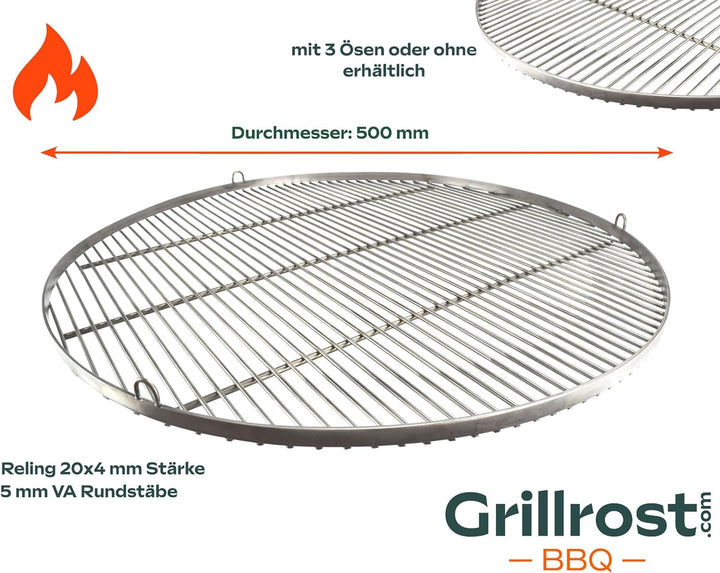 Grillrost RUND - 50cm aus Edelstahl - Handwerksprodukt - Made in Germany mit 3 Aufhängeösen Ø 50 cm,