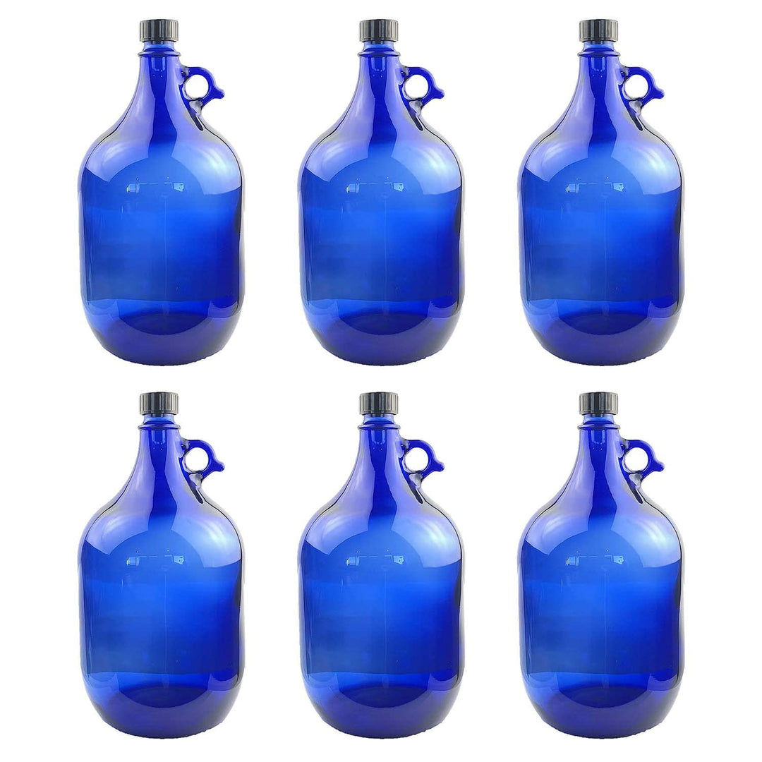 6X Glasballon blau 5 Liter, Henkelflasche aus Blauglas inkl. Handschraubverschluss PP35 (VPE 6 Stück