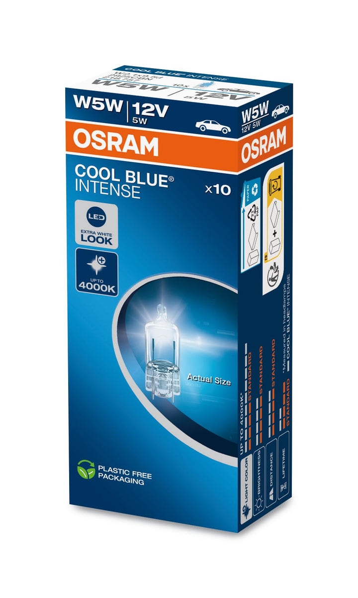 OSRAM COOL BLUE® INTENSE W5W, bis zu 4.000K, Halogen-Signallampe, Faltschachtel (10 Lampen) W5W Falt