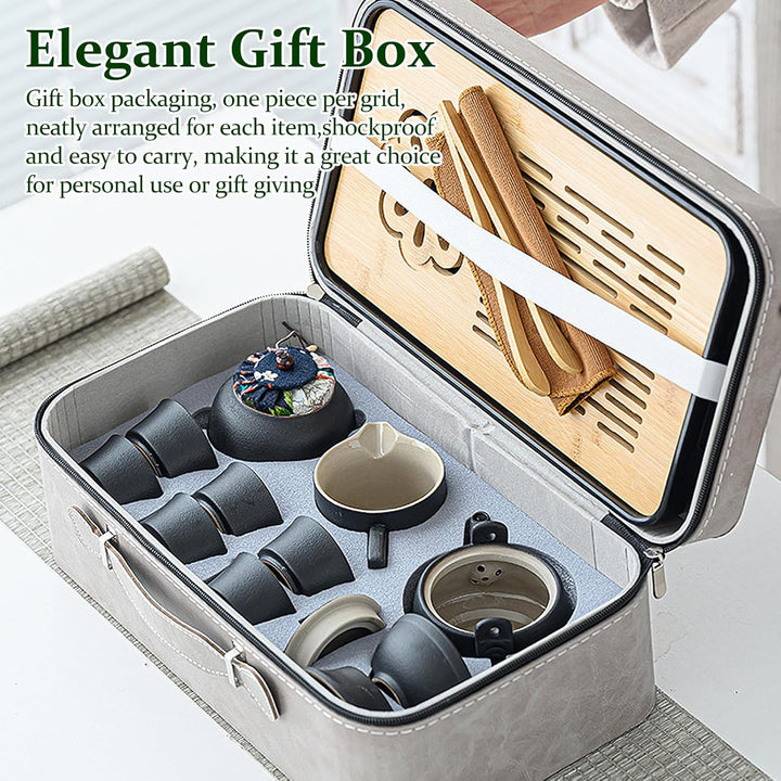 Tee-Set 14-teilig, Keramik schwarz, mit Kanne, 6 Tassen und Tablett | Japanisches Kung-Fu-Design. Tr