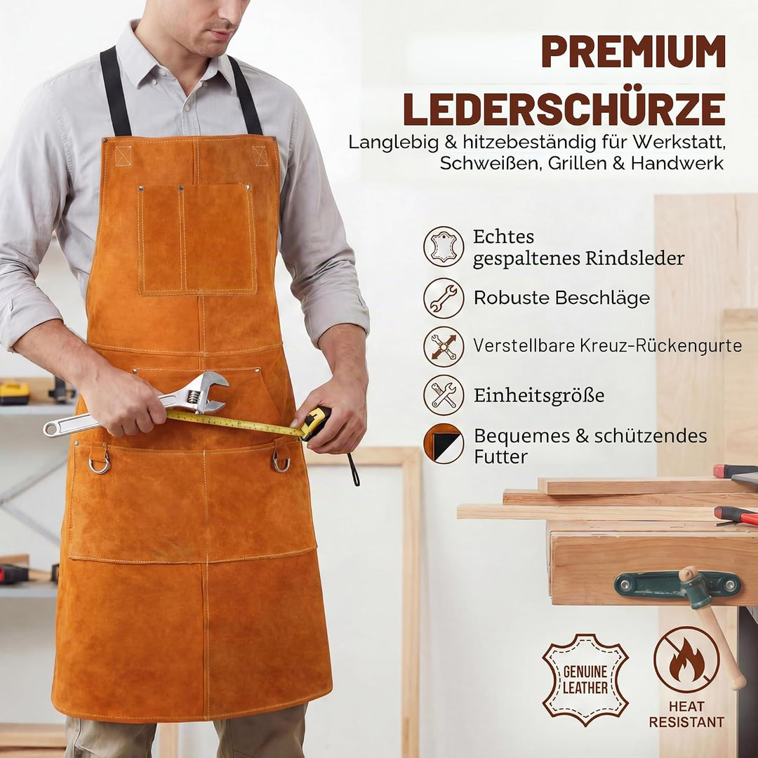 ONETIAN Schweissschürze aus Leder mit Futter und mehreren Taschen, hitze- und schwer entflammbar, ro