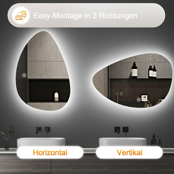 Boromal Asymmetrischer Spiegel mit Beleuchtung LED Badspiegel mit Beleuchtung 65x90cm LED Spiegel mi
