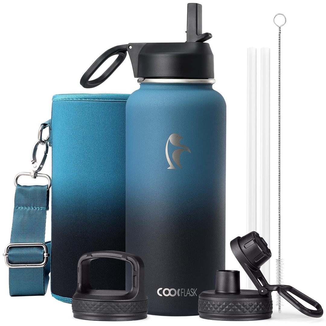 Coolflask Isolierte Wasserflasche 1L, Edelstahl Isolierte Wasserflasche mit Strohhalm & 3 Deckeln, D