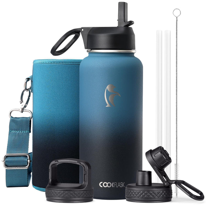 Coolflask Isolierte Wasserflasche 1L, Edelstahl Isolierte Wasserflasche mit Strohhalm & 3 Deckeln, D