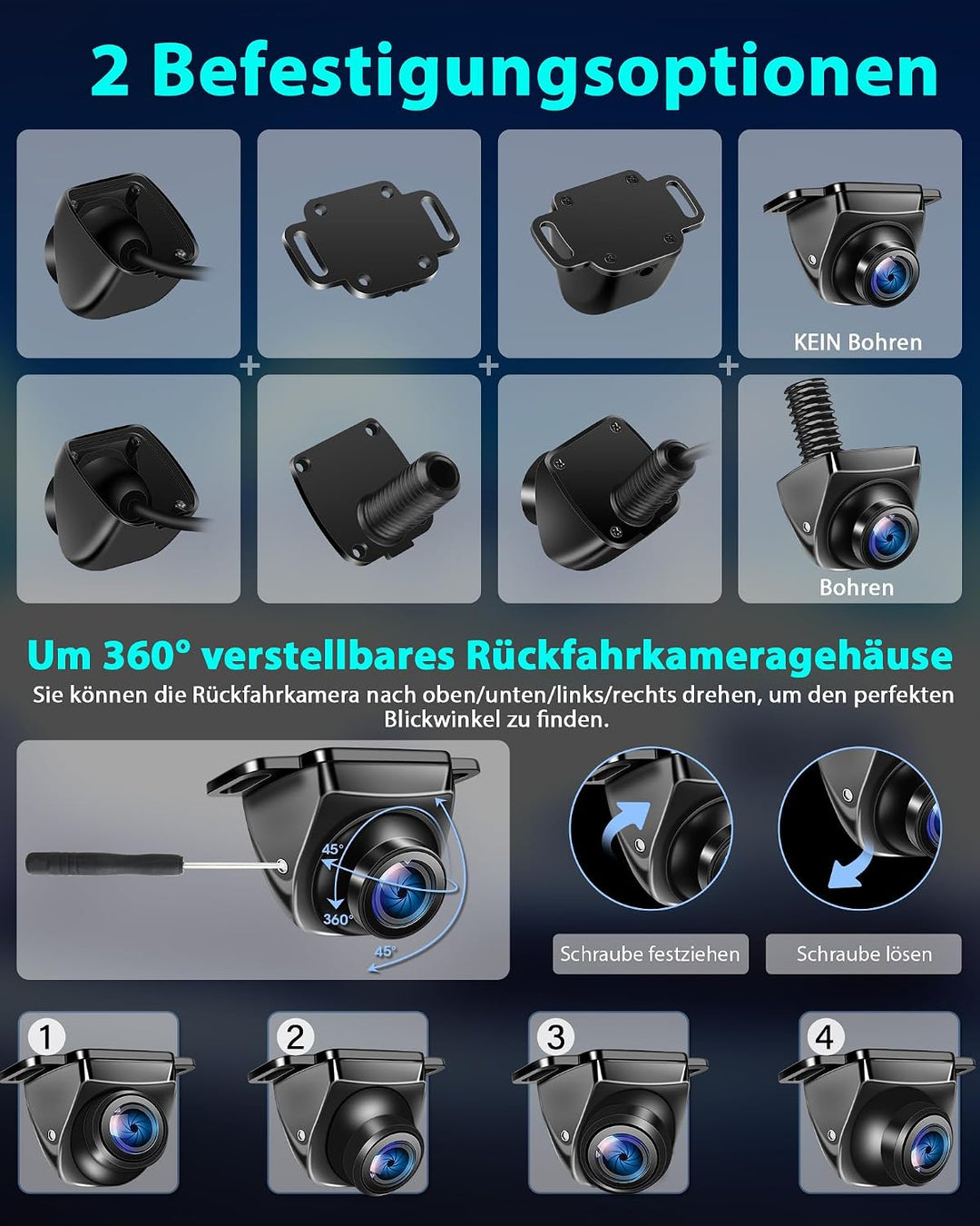 AHD 1080P Rückfahrkamera Auto 360°+90° Drehbar Metallgehäuse Universal Ruckfahrkamera mit Nachtsicht