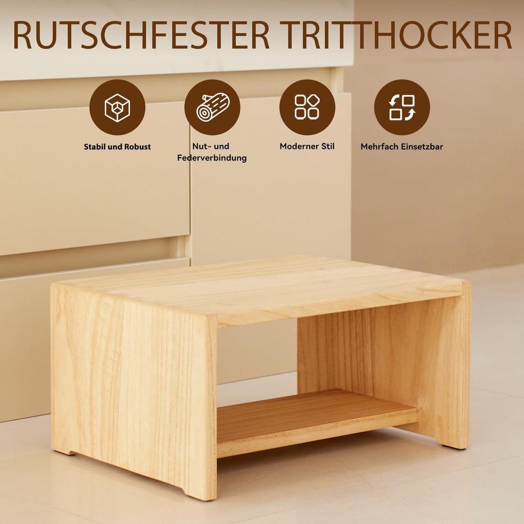 KIRIGEN Tritthocker Holz, Holzhocker, Holzschemel aus Massivholz | 2 Stufen · Stauraum · Handarbeit