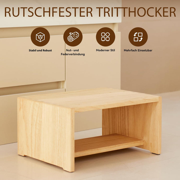 KIRIGEN Tritthocker Holz, Holzhocker, Holzschemel aus Massivholz | 2 Stufen · Stauraum · Handarbeit