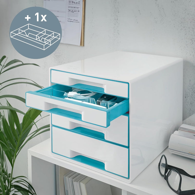 Leitz CUBE Schubladenbox mit 4 Schubladen, Weiss/Eisblau, A4, Inkl. transparentem Schubladeneinsatz,