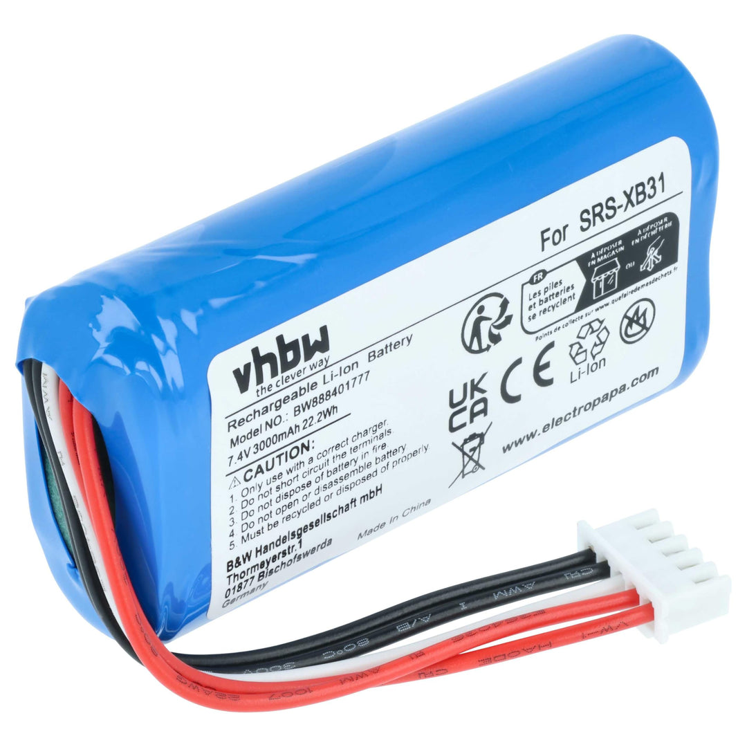 vhbw Akku kompatibel mit Sony SRS-XB33, SRS-XB31 Lautsprecher Boxen Speaker (3000 mAh, 7,4 V, Li-Ion