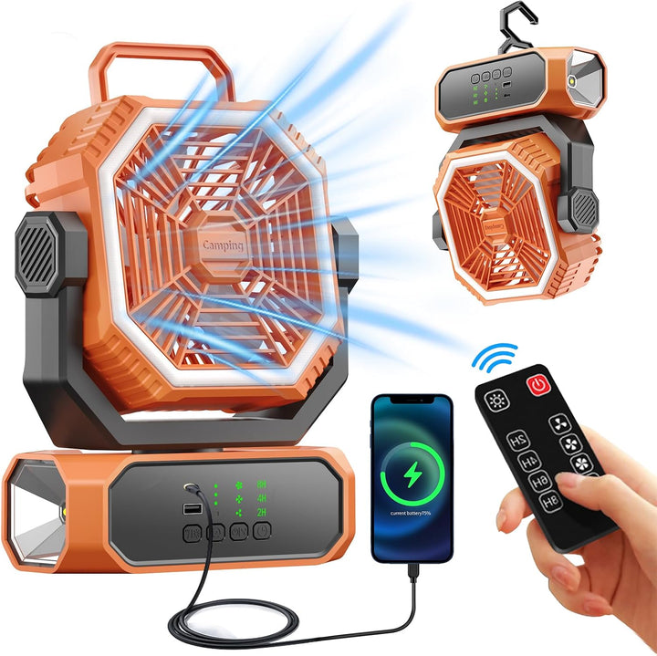 Tragbarer Campingventilator mit Licht, Camping Ventilator mit Fernbedienung, Timer, 3 Geschwindigkei