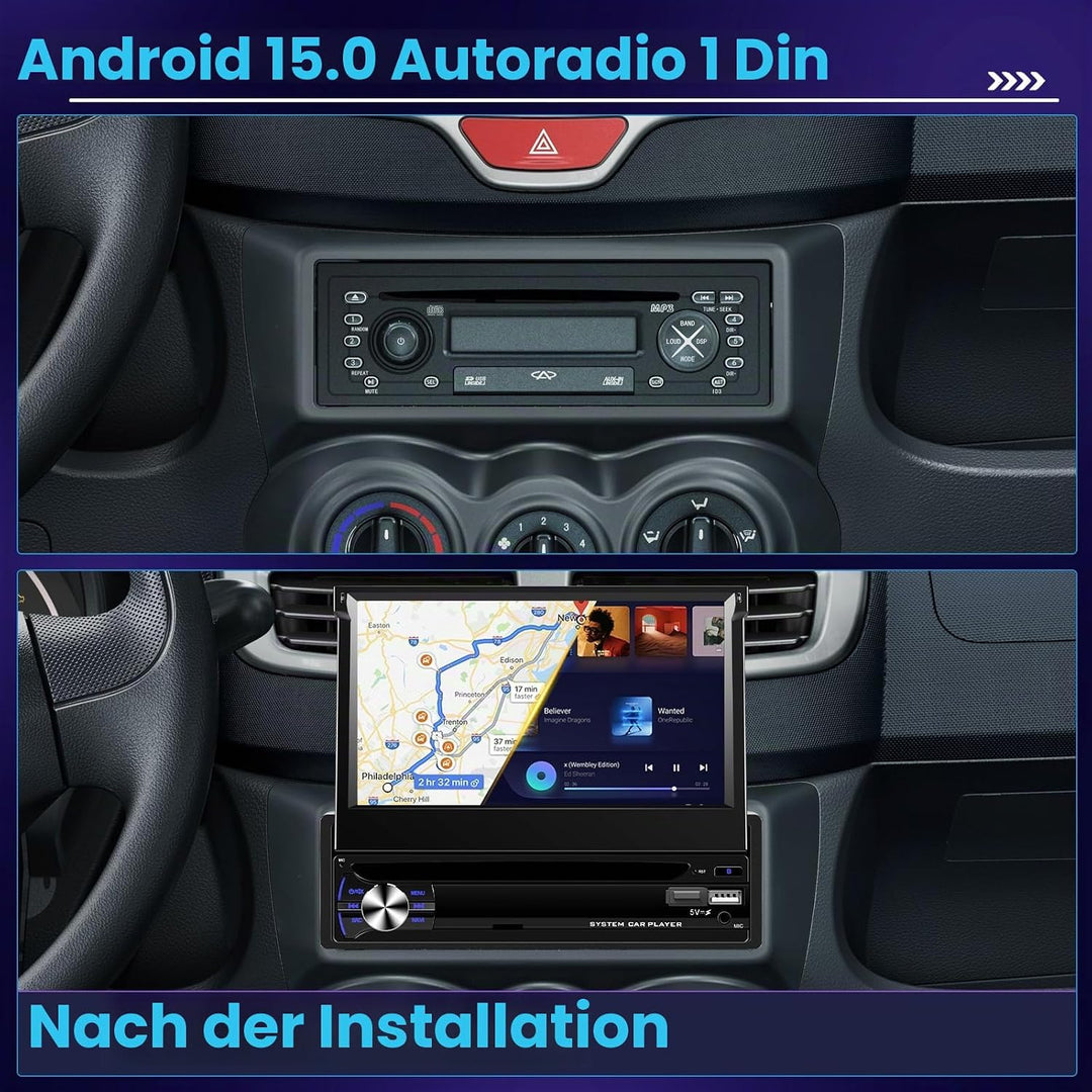 Hikity Android15 8 Core/6+128G/DSP Autoradio 1 DIN mit Wireless CarPlay Android Auto, 7 Zoll Einzieh