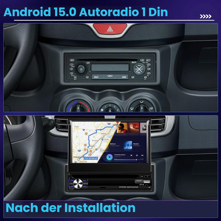 Hikity Android15 8 Core/6+128G/DSP Autoradio 1 DIN mit Wireless CarPlay Android Auto, 7 Zoll Einzieh