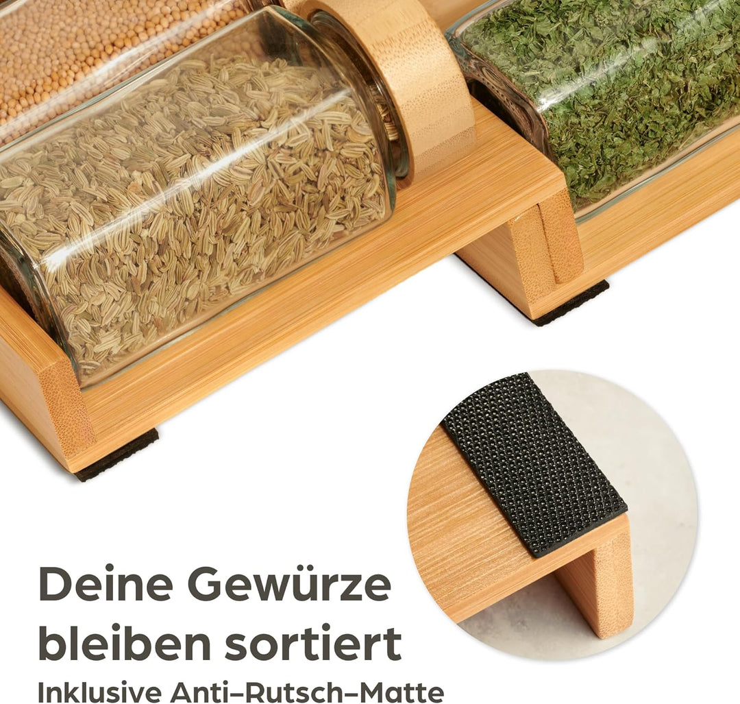 Praknu Gewürzregal mit Gläsern - Gewürzregal aus FSC® Holz - 12er-Set Gewürzgläser eckig mit Bambusd