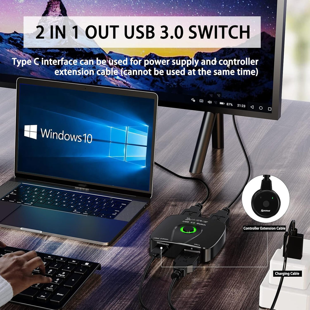 USB 3.0 Switch 2 PC, 2 in 1 out | USB Switch 3.0 for 2 Computers Share Mouse, Keyboard, with Wired R
