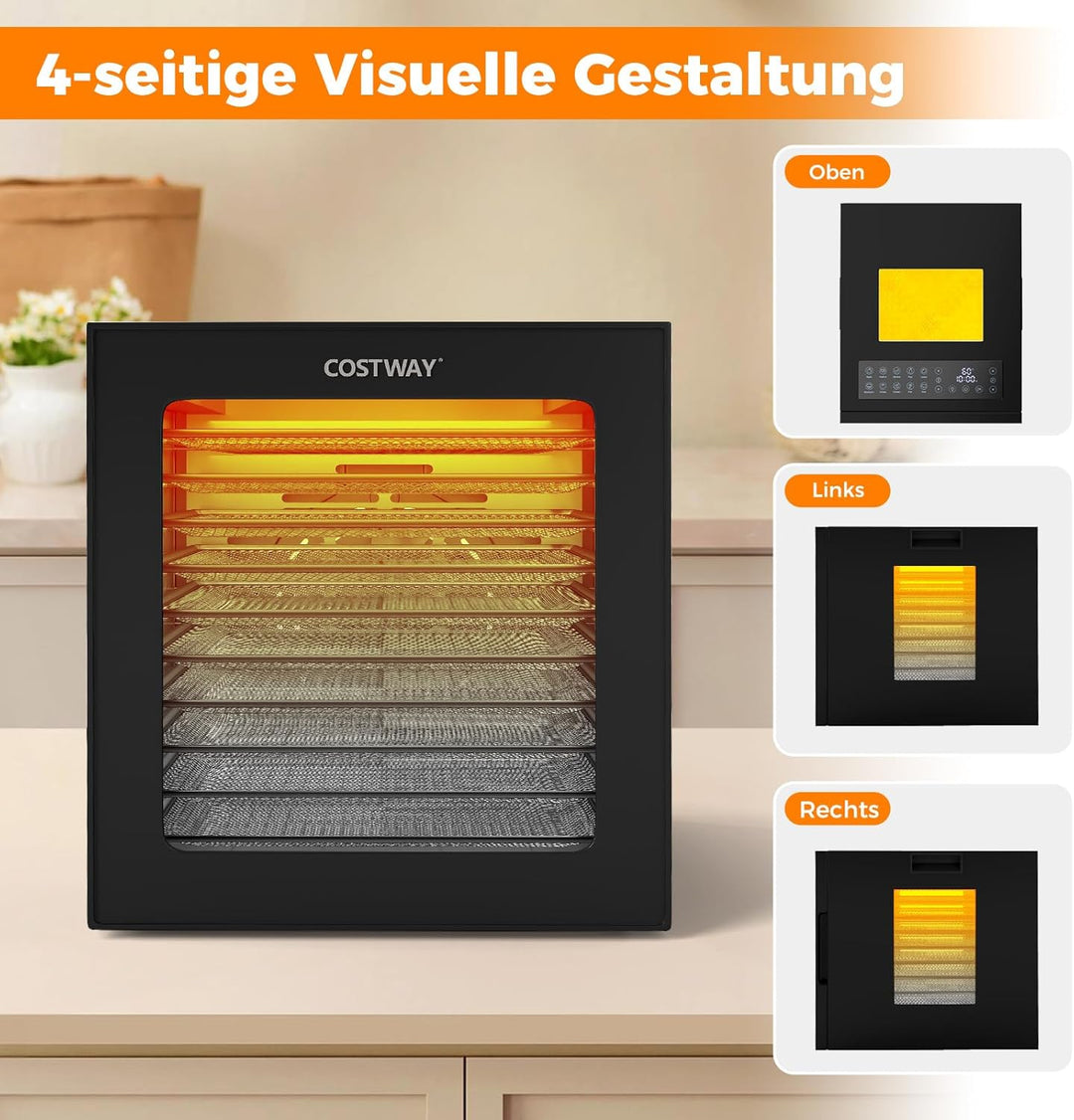 COSTWAY 850W Dörrautomat inkl. 10 Edelstahl-Schalen, Dörrgerät mit 10 voreingestellten Programmen, 4