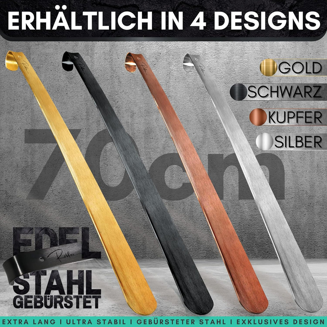 Robfox 70cm Schuhlöffel I extra stabiler Schuhanzieher aus gebürstetem Stahl I lange Schuhanziehhilf