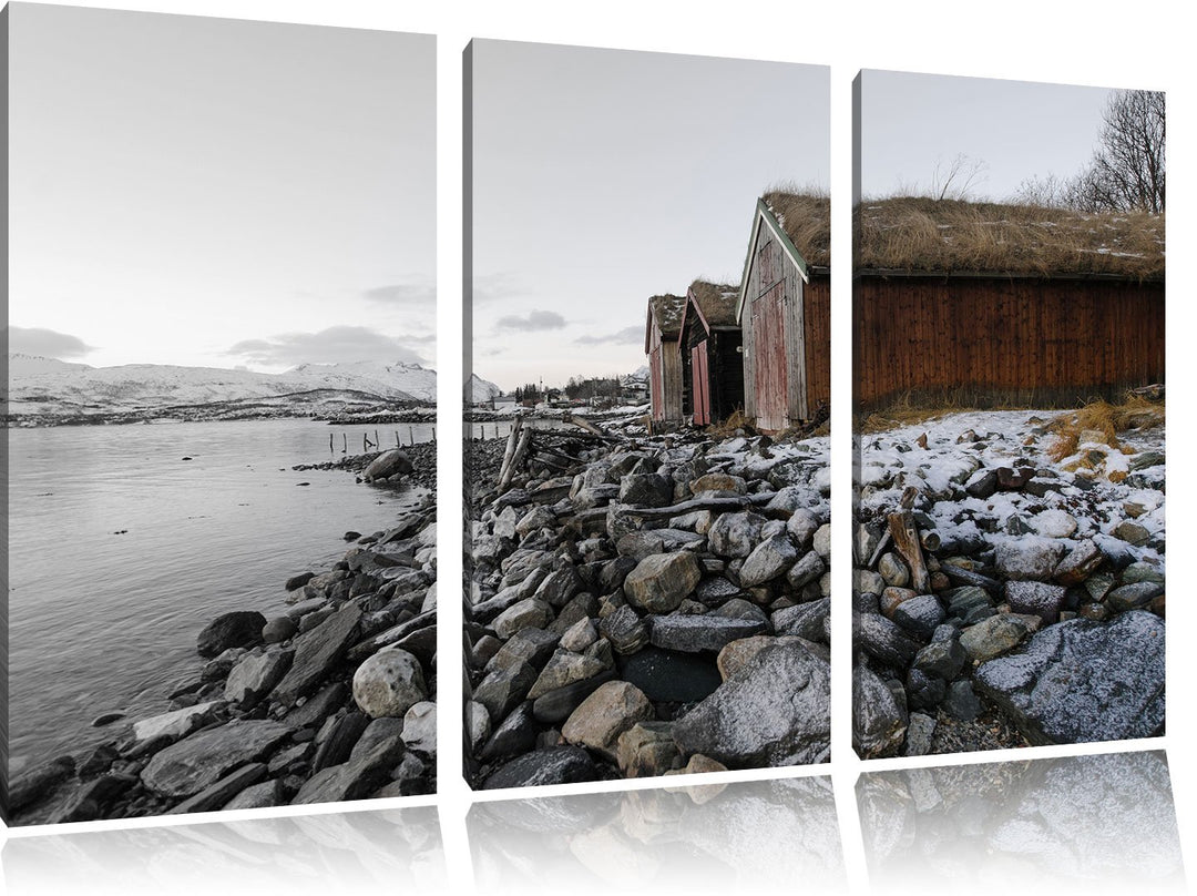 Pixxprint Küste der norwegischen See Tromso / 3-Teilig/Gesamtmass 120cm Leinwandbild bespannt auf Ho