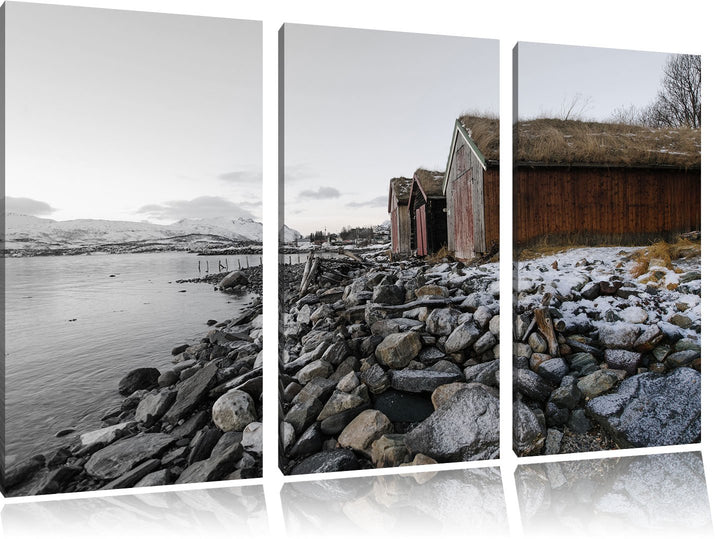 Pixxprint Küste der norwegischen See Tromso / 3-Teilig/Gesamtmass 120cm Leinwandbild bespannt auf Ho