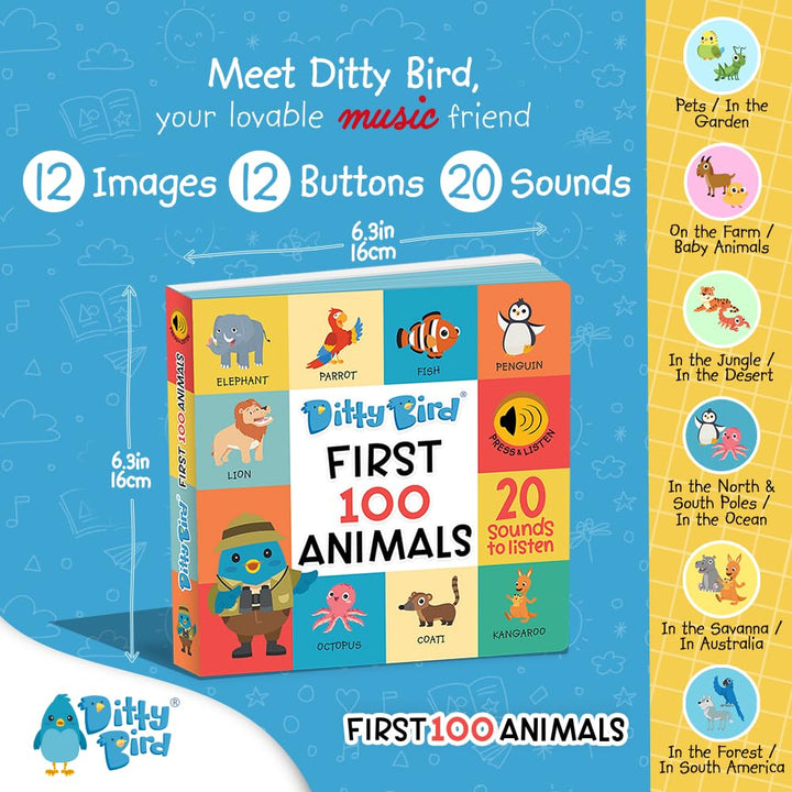 Ditty Bird Sprechende Bücher 100 Tiere | 100 Wörter für Vokabel- und Sprachlernen | Pappbücher für K
