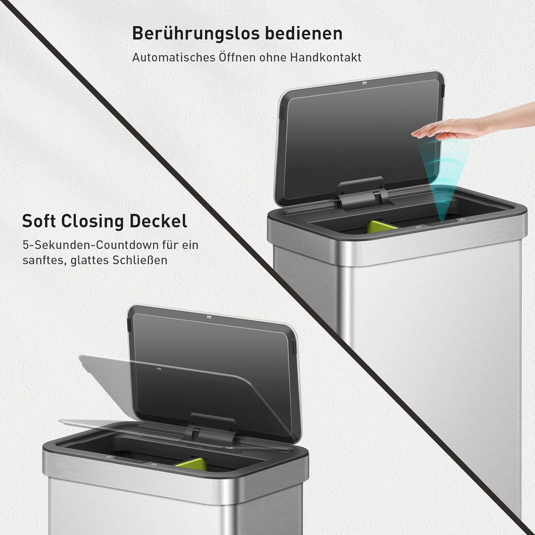 EKO NOVA Mülleimer mit Sensor, Automatischer Mülleimer 2 Fächer 2 x 30L, Abfalleimer Küche, Edelstah