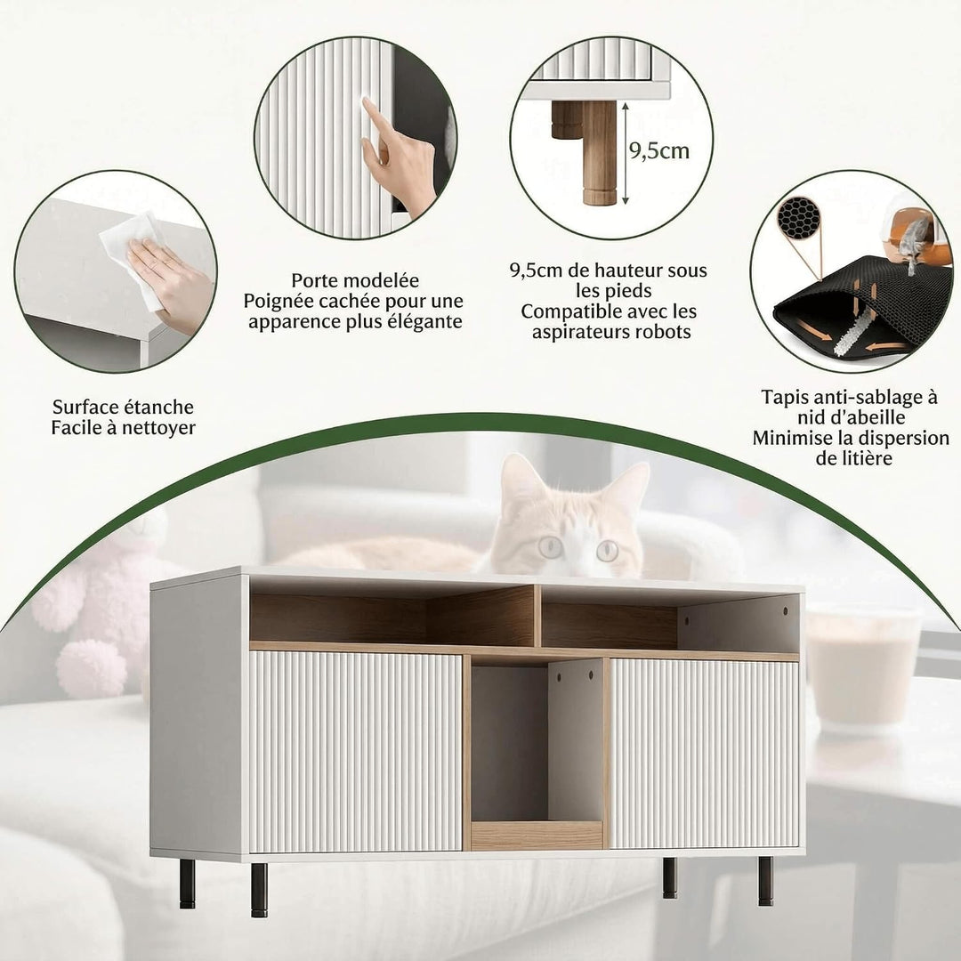 Katzenklo Schrank für 2 Katzen, Weiss, 120 x 50 x 66 cm | MDF, verstecktes Katzenklo Möbel, belüftet